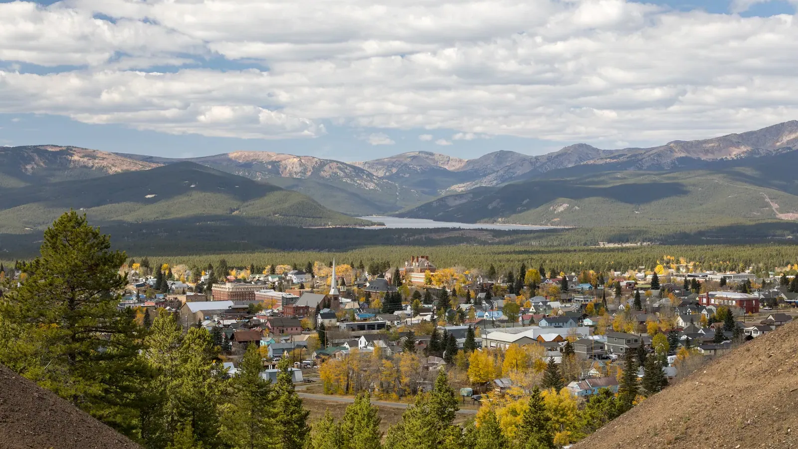 Landscape view from above Leadville showing Turquoise Lake, Wildcat Mountain, and Galena Mountain in the Sawatch Range, Colorado