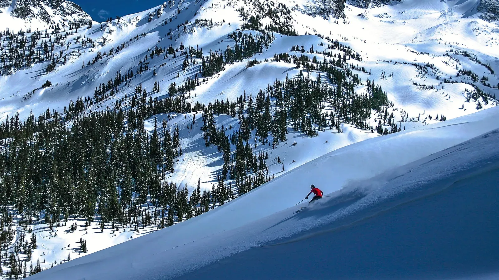 A skier turning down an open snow slope in the Cerise Creek basin, with Vantage Peak and snow covered ridges behind.