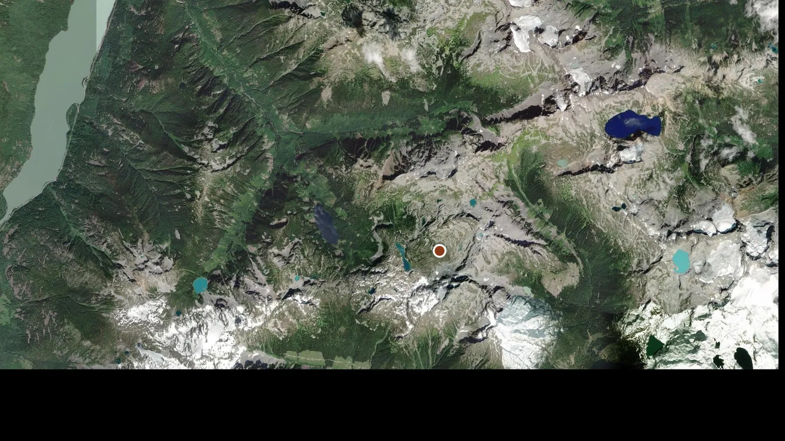 Satellite view of the area around Lizzie Creek Cabin