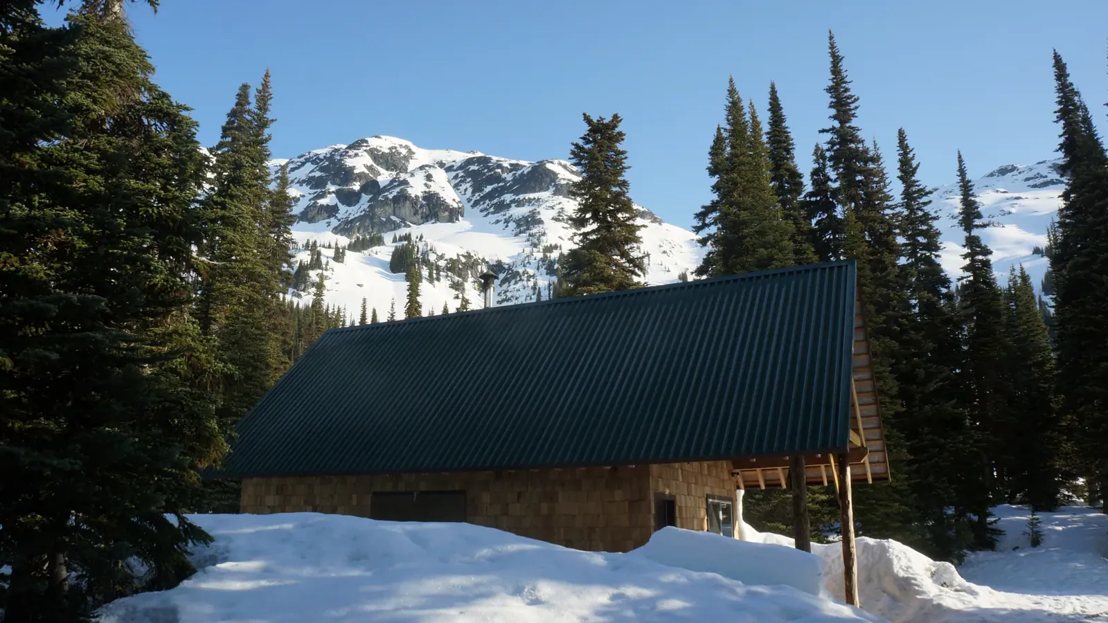 The Tenquille Lake cabin, a small backcountry hut at Tenquille Lake in the mountains north of Pemberton, British Columbia